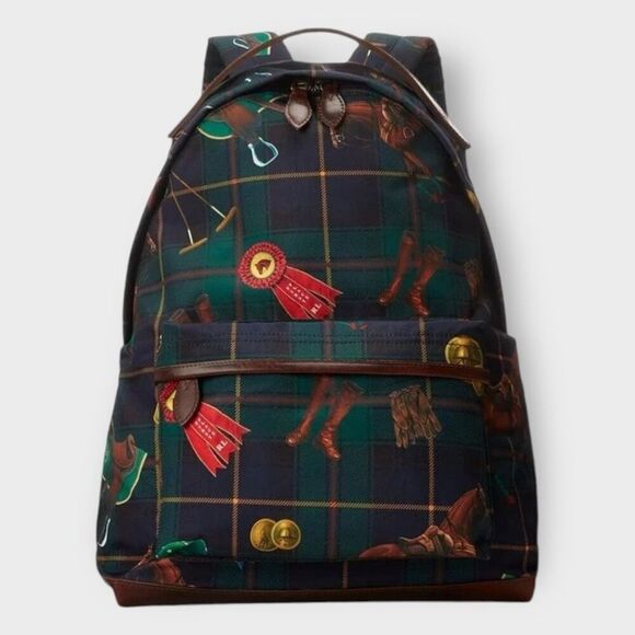 Polo Ralph Lauren Equestrian Backpack Plaid Leather Logo Icons Canvas Backpack - Picture 6 of 10
